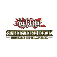 Logo des Yu-Gi-Oh! Structure Decks &bdquo;Beware of Traptrix&ldquo; mit gr&uuml;n-goldener Schrift und dem klassischen roten Yu-Gi-Oh!-Schriftzug dar&uuml;ber.