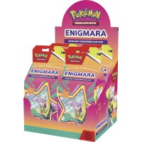 Displaykarton mit mehreren Enigmara Premium-Turnierkollektionen f&uuml;r den Verkauf im Ladenregal.