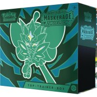 Seitliche Perspektive der Pok&eacute;mon Top-Trainer-Box &bdquo;Maskerade im Zwielicht&ldquo; mit Ogerpon-Artwork.