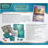 R&uuml;ckseite der Pok&eacute;mon Top-Trainer-Box &bdquo;Maskerade im Zwielicht&ldquo; mit Beschreibung des Inhalts und Abbildungen.