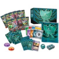 Ausgepackter Inhalt der Top-Trainer-Box &bdquo;Maskerade im Zwielicht&ldquo; &ndash; Boosterpacks, Kartenh&uuml;llen, Energie-Karten, Promokarte, W&uuml;rfel und Zubeh&ouml;r.