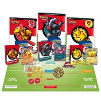 Inhalt der Pok&eacute;mon Kampfakademie 2024 mit drei Decks, Spielunterlagen, Schadensmarken und gro&szlig;er M&uuml;nze.
