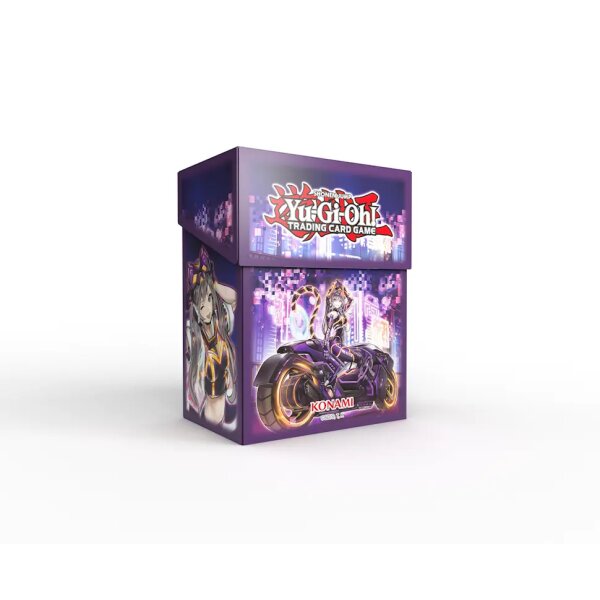 Yu-Gi-Oh! Kartenbox im Cyberstorm Access-Stil mit Neonfarben und Artwork eines Mädchens auf einem Motorrad.