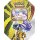 Pokémon-Sammelkartenspiel Tin mit Furienblitz-ex, gelbes Design mit transparentem Fenster und Darstellung von zwei Pokémon.