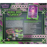 R&uuml;ckseite der Pok&eacute;mon Top-Trainer-Box Nebel der Sagen mit Infamomo-Promokarte und &Uuml;bersicht &uuml;ber den Boxinhalt in Deutsch.