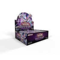 Yu-Gi-Oh! Rage of the Abyss Display mit 24 Boosterpacks, ge&ouml;ffneter Deckel mit Drachenillustration auf lila Hintergrund.