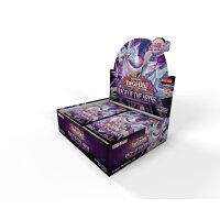 Yu-Gi-Oh! Rage of the Abyss Display aus leichtem Winkel mit sichtbaren Boosterpacks im Inneren, Artwork eines mechanischen Drachen.