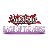 Logo des Yu-Gi-Oh! Trading Card Game mit dem Titel &bdquo;Rage of the Abyss&ldquo; in lila Schrift und Leuchteffekt darunter.