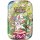 Pokémon Mini-Tin mit Folipurba-Motiv auf grünem Edelstein, Evoli im Hintergrund, Umgebung im Waldstil
