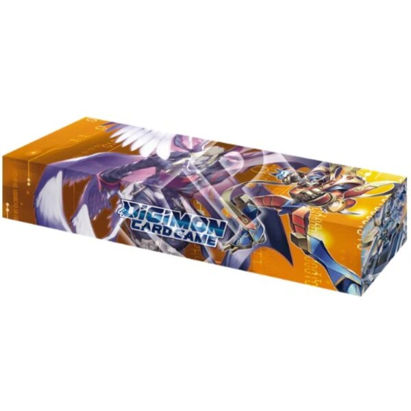 Digimon Card Game 12th Anniversary Box mit orangefarbener Verpackung und Illustrationen legendärer Digimon wie Alphamon und Gallantmon.