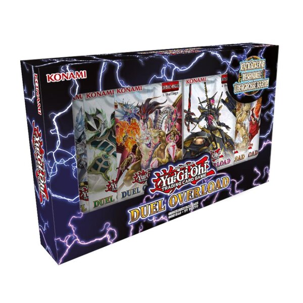 Abbildung der deutschen Version der Yu-Gi-Oh! Duel Overload Box mit sechs Boosterpacks in spezieller Verpackung mit Blitzdesign.