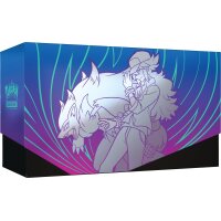 R&uuml;ckansicht der Top-Trainer-Box mit gro&szlig;fl&auml;chigem Artwork von N und Zoroark vor geschwungenen Linien in T&uuml;rkis.