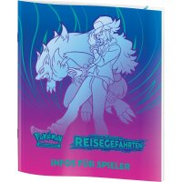 Spielerhandbuch zur Reisegef&auml;hrten Top-Trainer-Box mit identischem Design von N und Zoroark in Blau, T&uuml;rkis und Pink.