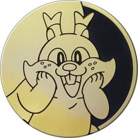 Goldene Sammelm&uuml;nze mit Relaxo-&auml;hnlichem Pok&eacute;mon (Gierspenst), das sich die Wangen dr&uuml;ckt.