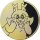 Goldene Sammelmünze mit Relaxo-ähnlichem Pokémon (Gierspenst), das sich die Wangen drückt.