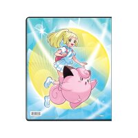 R&uuml;ckseite des Pok&eacute;mon 9-Pocket PRO-Binders mit Bell und Piepi vor gelbem Kreis auf blauem Hintergrund.