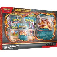Verpackung der Pok&eacute;mon Glurak-ex Spezial-Kollektion mit Promo- und Boosterpacks in feurigem Design.