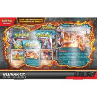 Detailansicht der Glurak-ex Spezial-Kollektion mit hervorgehobener Wackelbildkarte und Promokarten Glumanda, Glutexo und Glurak-ex.
