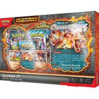 Seitliche Perspektive der Glurak-ex Spezial-Kollektion mit sichtbaren Promokarten und Boosterpacks.