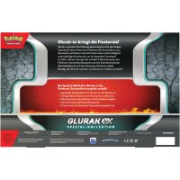R&uuml;ckseite der Glurak-ex Spezial-Kollektion mit Produktbeschreibung und detaillierter Inhaltsangabe.