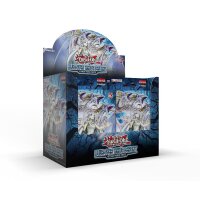 Display des Yu-Gi-Oh! Structure Decks &bdquo;Blue-Eyes White Destiny&ldquo; (Deutsch) mit ge&ouml;ffnetem Klappdeckel und zwei Deckboxen, verziert mit Wei&szlig;er Drache und weiblichem Charakter auf blauem Hintergrund.