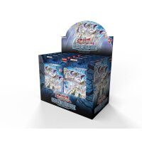 Seitlich geneigte Frontansicht des Yu-Gi-Oh! Structure Deck Displays &bdquo;Blue-Eyes White Destiny&ldquo; (Deutsch), mit zwei Deckboxen und dramatischer blau-violetter Gestaltung.
