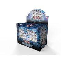 Englisches Yu-Gi-Oh! Structure Deck Display &bdquo;Blue-Eyes White Destiny&ldquo; mit ge&ouml;ffnetem Deckel und zwei Boxen, Fokus auf Frontgestaltung mit Blue-Eyes White Dragon und weiblicher Figur.
