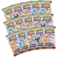 Alle enthaltenen Boosterpacks der &bdquo;Prismatische Entwicklungen&ldquo;-Erweiterung auf einem Stapel in F&auml;cherform ausgebreitet.