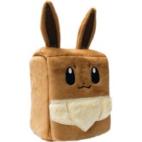 Pl&uuml;schbox in Form eines w&uuml;rfelf&ouml;rmigen Evoli mit spitzen Ohren und hellem Fellkragen.