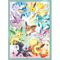 Illustration mit Evoli und allen acht Entwicklungen auf bunter Sammelkarten-Hintergrundgrafik.