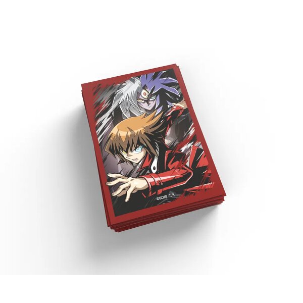 Yu-Gi-Oh! Kartensleeves mit Jaden Yuki und Supreme King nebeneinander in kampfbereiter Pose, gestaltet auf schwarzem Hintergrund mit roten Rahmen.