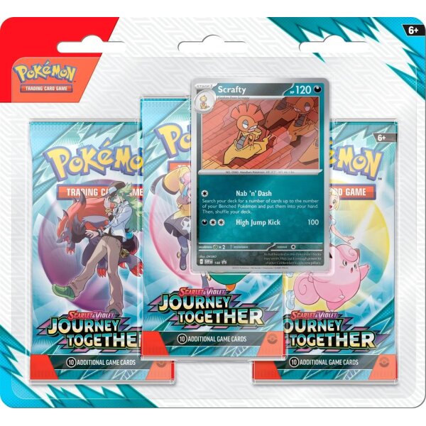 Abbildung eines dreifach-Blisters der Pokémon TCG-Erweiterung Scarlet & Violet – Journey Together mit einer holografischen Promokarte von Scrafty in der Mitte. Im Hintergrund sind drei Boosterpacks der Erweiterung zu sehen, jedes mit 10 zusätzlichen Spielkarten.