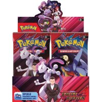 Frontalansicht des aufgestellten Pok&eacute;mon TCG Displays &bdquo;Ewige Rivalen&ldquo; mit grafischen Darstellungen von Mewtu, Knakrack, Cynthia, Giovanni und Team Rocket.