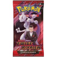 Boosterpack mit Giovanni und Mewtu im Vordergrund, Titel &bdquo;Karmesin &amp; Purpur &ndash; Ewige Rivalen&ldquo; und Hinweis auf 10 zus&auml;tzliche Spielkarten.