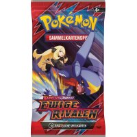 Boosterpack mit Cynthia und Knakrack im Fokus, kr&auml;ftige Blitzeffekte, Schriftzug &bdquo;Ewige Rivalen&ldquo; und Angabe zu den enthaltenen Karten.