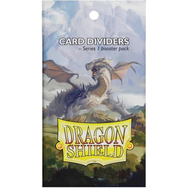 Booster-Packung der Dragon Shield Card Dividers – Series 1 mit epischer Drachenillustration vor wolkigem Himmel und gelbem Dragon Shield Logo im