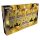 Deutsche Yu-Gi-Oh! Maximum Gold Box mit fünf goldfarbenen Boosterpacks im glänzenden Displaykarton mit Gold-Effekt.