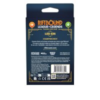 R&uuml;ckseite des Riftbound League of Legends Lee Sin Champion Decks mit Produktinhalt, Barcode und Herstellerangaben