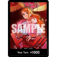 DON!!-Karte mit Nami im roten Kleid und Your Turn +1000 aus One Piece Card Game Heroines Edition mit Sample-Aufdruck