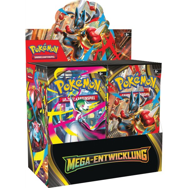 Präsentationsdisplay der Pokémon TCG-Serie „Mega-Entwicklung“ mit Mega-Lucario als zentrales Motiv auf dem Aufsteller und Boosterpacks mit Mega-Guardevoir und Mega-Lucario im Vordergrund.