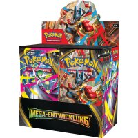Seitliche Perspektive des Mega-Entwicklung-Displays, auf dem neben den Boostern auch die Seitenmotive mit Mega-Bisaflor und Mega-Guardevoir zu sehen sind.