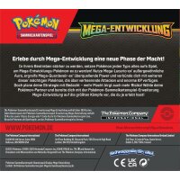 R&uuml;ckseite des Pok&eacute;mon TCG Mega-Entwicklung-Displays mit einer Beschreibung zur Spielmechanik der Mega-Entwicklung und Logos der Pok&eacute;mon Company.