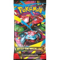 Boosterpack der Pok&eacute;mon TCG-Serie &bdquo;Mega-Entwicklung&ldquo; mit Mega-Bisaflor auf dem Cover, umgeben von bunten Designelementen.