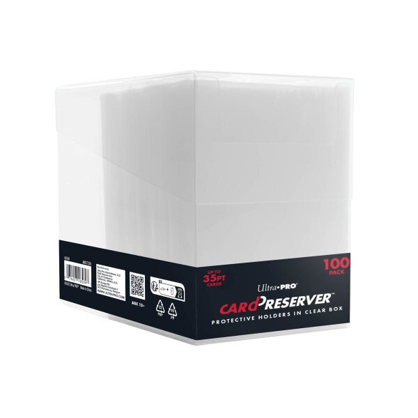 Frontansicht der Ultra Pro Card Preserver Box mit schwarzem Etikett und roter Aufschrift „100 Pack“, die schützende Halter für Karten bis 35pt enthält.