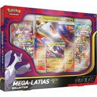 Pok&eacute;mon Mega-Latias ex Kollektion mit Jumbo-Karte, Promokarte und 4 Boosterpacks in linker Schr&auml;gansicht.