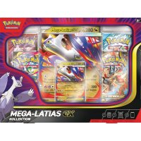 Pok&eacute;mon Mega-Latias ex Kollektion mit Jumbo-Karte, Promokarte und 4 Boosterpacks in Vorderansicht.