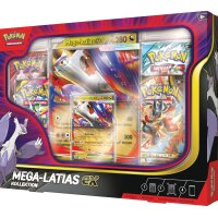 Pok&eacute;mon Mega-Latias ex Kollektion mit Jumbo-Karte, Promokarte und 4 Boosterpacks in rechter Schr&auml;gansicht.