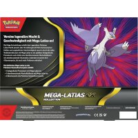 R&uuml;ckseite der Pok&eacute;mon Mega-Latias ex Kollektion mit Produkttext, Inhalts&uuml;bersicht und Latias-Motiv.