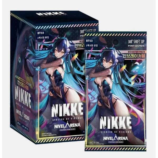 BT03 Unbreakable Nivel.jpg: NIKKE Goddess of Victory Nivel Arena BT03 Unbreakable koreanische Booster Box mit Boosterpack und Charakter-Artwork