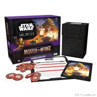 Inhalt der Prerelease-Box Meister der Intrige mit Tokens, Karten, Anleitung und Deckbox.